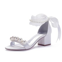 Mid Heels Satin Pearls Wedding Sandals for Bride Open Toe Ribbon Tie Heeled Wedd - £66.34 GBP
