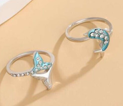 Blue crystal dolphin whale tail ring set - $14.00