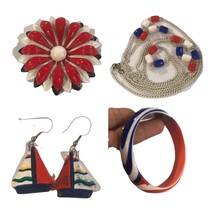 Lot Patriotic Vintage Layered Red White And Blue Enamel Brooch Chain &amp;Earrings - £47.19 GBP