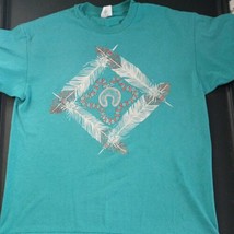 VINTAGE 90&#39;s Single Stitch Native American Feather Necklace Turquoise Shirt XL - £20.54 GBP