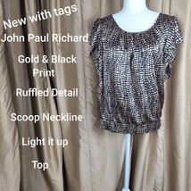 New John Paul Richard Gold &amp; Black Print Ruffled Detail Top Size M - £14.30 GBP