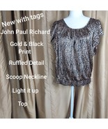 New John Paul Richard Gold &amp; Black Print Ruffled Detail Top Size M - $18.00