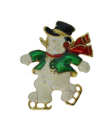 Christmas Brooch Pin Ice Skating Snowman Enamel Glitter Vintage Steinmet... - $5.18