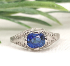 Art Deco 18k White Gold .87ct Genuine Natural Sapphire Filigree Ring (#J7195) - £837.47 GBP