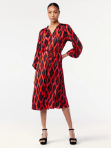 Scoop - Blouson Sleeve Belted Waist Pleated Oversized Midi Dress Red MED... - $19.99