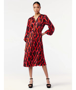 Scoop - Blouson Sleeve Belted Waist Pleated Oversized Midi Dress Red MED... - £15.92 GBP
