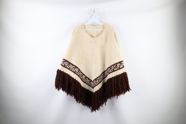 Vtg 60s Boho Chic Womens One Size Chunky Knit Fringed Pullover Poncho Sweater - £87.00 GBP