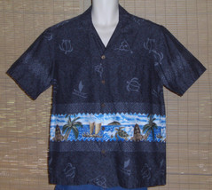 Blue Hawaii Hawaiian Shirt Gray Black Ocean Turtles, Palms Floral Size Large - £20.03 GBP