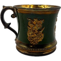 Antique 19th Century Copper Luster Lustre Footed Mug Green Border England 4&quot; - £20.61 GBP