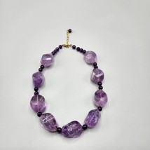 Purple Amethyst Chunky Bead Necklace Large Stones Strung Gold Tone Clasp - £38.04 GBP