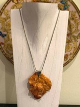 Silver Sterling Necklace &amp; Genuine Natural Butterscotch Carved Pendant - £116.18 GBP