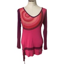 Desigual Pink Red Long Sleeve V-Neck Circle Print Tunic Top  - $37.15
