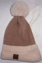 C.C. Exclusive Beige Knit Soft Warm Beanie Hat with Cuff &amp; Pom New Without Tag - £14.99 GBP