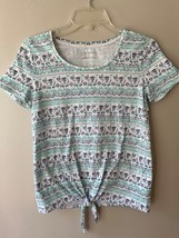 Talbots Sz XS Short Sleeve Blouse Pullover Blue Elephants Knot Tie Front... - $20.81