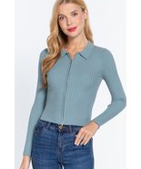 Stone Blue Notched Collar Front Zip Long Sleeve Slim Fit Stretchy Knit S... - £11.99 GBP
