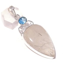 Large Rutilated Quartz, Blue Topaz Gemstone 925 Silver Overlay Handmade Pendant - $12.95