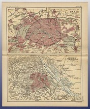 1888 Original Antique City Map Of Paris France / Vienna Wien Austria - £21.29 GBP