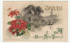 Vintage Postcard New Year Poinsettia Lake Boat John Winsch - £6.22 GBP