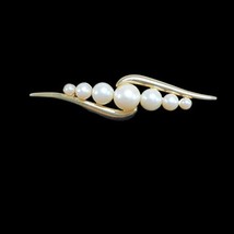 Vintage Monet Brooch Gold Tone Faux Pearl Bar Pin 2.5” Signed MONET - £15.86 GBP