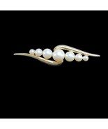Vintage Monet Brooch Gold Tone Faux Pearl Bar Pin 2.5” Signed MONET - £15.63 GBP