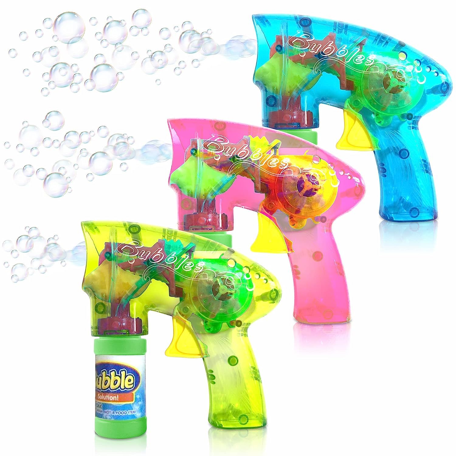 Primary image for Friction Powered Light Up Bubble Blaster Gun Set - Set Of 3 - Includes 3 Led Bub