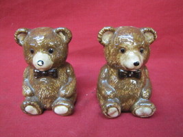 Vintage Bow Tie Brown Bear Glazed Pottery Salt and Pepper Shakers - $24.74