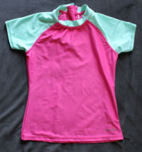 Eddie Bauer Girls Short Sleeve Pink Blue Zip Back Rash Guard  ~M 10-12~ - £6.78 GBP