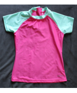 Eddie Bauer Girls Short Sleeve Pink Blue Zip Back Rash Guard  ~M 10-12~ - £6.75 GBP