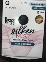 L&#39;eggs ~ Silken Mist 2 Pair Women&#39;s Tights Hose Jet Black Control Top ~ Q - £8.55 GBP