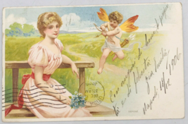 1906 AGM Embossed Seated Lady in Pink Dress w/ Cupid Postcard Italy Flag Cancel - £12.51 GBP