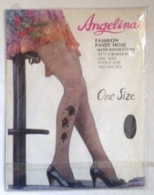 Angelina Black Flocked Rose Rhinestone Pantyhose One Size 100-165lb Nylon - £12.37 GBP