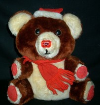 12&quot; Vintage Christmas Brown Teddy Bear Stuffed Animal Plush Toy Red Hat Taiwan - £15.02 GBP