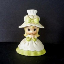 Porcelain Bisque Bell Blonde Girl Green Dress Floppy Hat 3.5&quot; Vintage Figurine - £11.06 GBP
