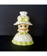 Porcelain Bisque Bell Blonde Girl Green Dress Floppy Hat 3.5&quot; Vintage Fi... - $13.84