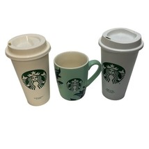 Starbucks Mint Green Floral Design With Mermaid &amp; 2 White Reusable Plastic Cup - £17.76 GBP