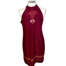 Alya Boho Embroidered Halter Faux Suede Mini Dress Size Medium Burgundy - £17.83 GBP