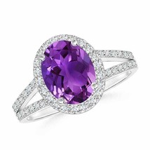 ANGARA Oval Amethyst Split Shank Halo Ring for Women, Girls in 14K Solid Gold - £1,620.07 GBP