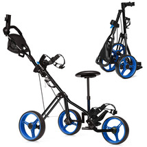 Foldable 3 Wheel Push Pull Golf Club Cart Trolley w/Seat Scoreboard Bag Blue - £155.69 GBP