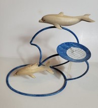 Dolphin Candle Holder Wooden Hand Carved Blue Asia Overland Balinese - £21.36 GBP