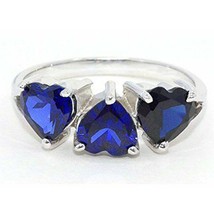 3.05Ct Lab-Created Blue Sapphire Heart Shape 3-Stone Ring 925 Sterling Silver - £60.34 GBP