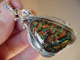 (#D-703-A) Dichroic Fused Glass Silver Pendant Orange Blue Yellow - £86.69 GBP
