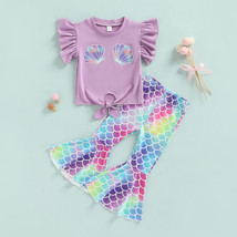 NWT Mermaid Girls Sea Shell Crop Top Fish Scale Bell Bottoms Outfit Set - £6.73 GBP