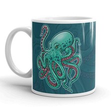 Undersea Octopus 11oz Glossy Coffee Mug | Deep Sea Creature | Kraken Art | Green - £11.50 GBP