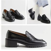 Other Stories Heeled Leather Penny Loafers Black Leather Chunky Sole US ... - $59.40
