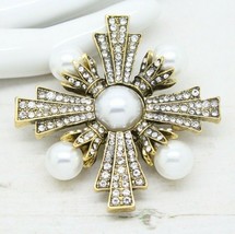 Vintage Baroque Style PEARL / CRYSTAL Maltese Cross Gold BROOCH Pin Jewe... - $18.42