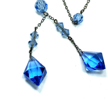 Antique Vintage Art Deco Blue Glass Bead Station Chain Y Drop 16&quot; Necklace - £71.85 GBP