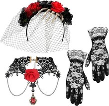Day of The Dead Costume Accessories Red Rose Headpiece Veil Lace Gloves ... - £10.10 GBP