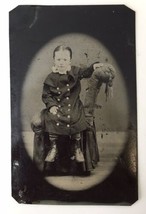 Antique Tintype Adorable Child with Slicked Back Hair Sitting on Chair Sideways - $20.00