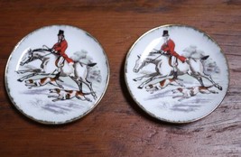 Pair Vintage Coimbra Portugal Equestrian Hunting Ceramic Saucer Plates C... - $29.69