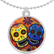 Sugar Skulls Colorful Round Pendant Necklace Beautiful Fashion Jewelry - £8.60 GBP